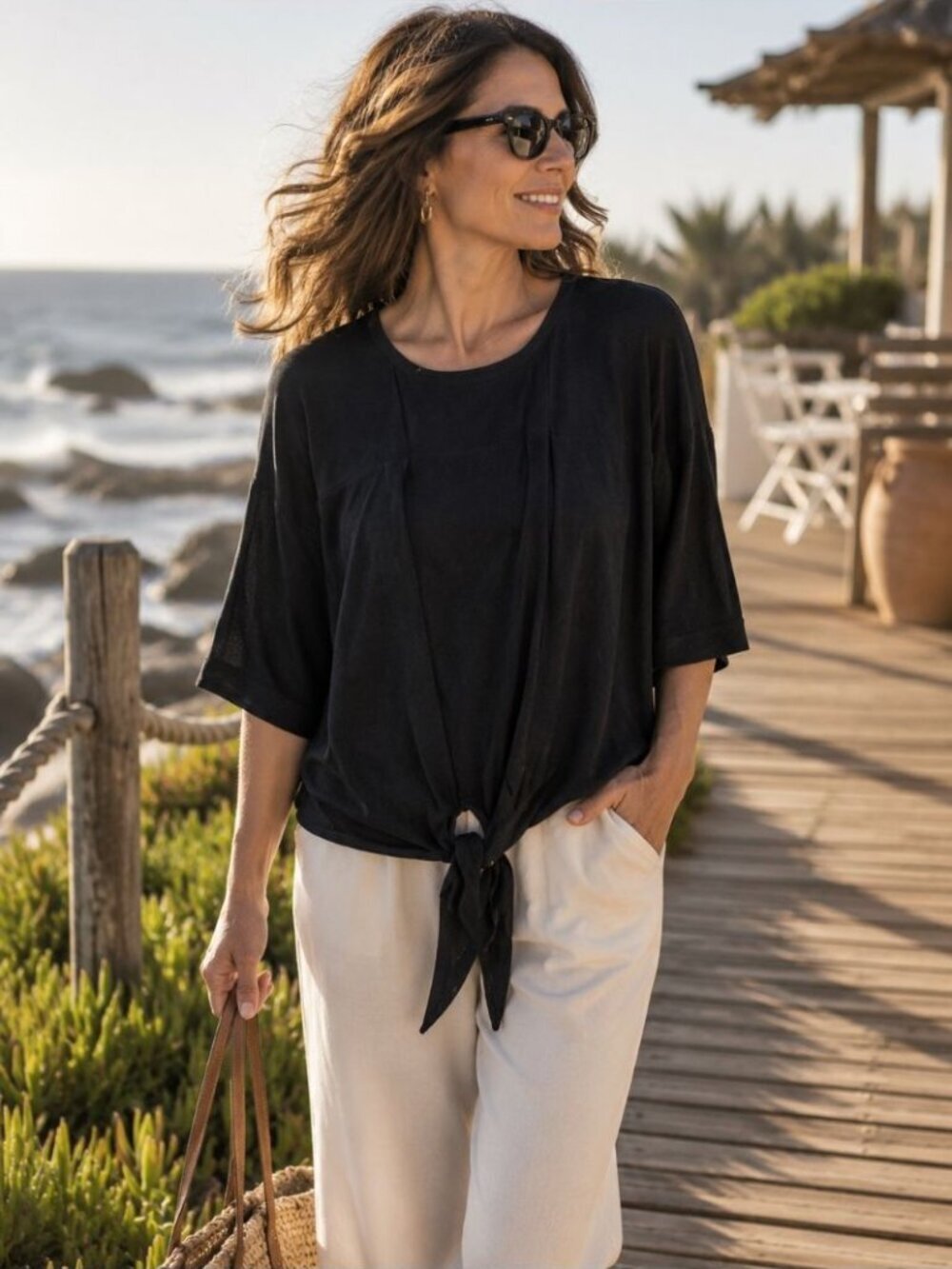 Chicos Travelers Collection Black Front Tie Draped Top  Size 3 Minimalist Chic